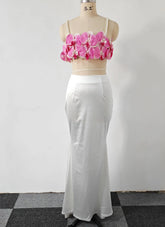 Pink Florals Women Sleeveless Sexy Square Collar 2 Pieces Bodycon Long Dress Cute Vacation Birthday Party Celebrate Dress